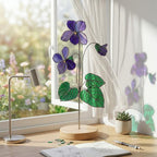 Handmade 3D purple violet stained glass flower casting vibrant colored shadows, available with a custom engraved wooden base or standalone for vase display, perfect for personalized Mother's Day gift and February birth flower desk decor.