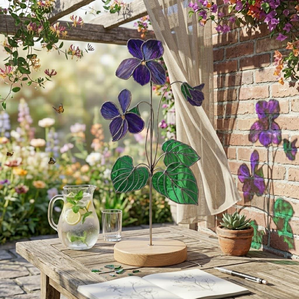 Handmade 3D purple violet stained glass flower casting vibrant colored shadows, available with a custom engraved wooden base or standalone for vase display, perfect for personalized Mother's Day gift and February birth flower desk decor.