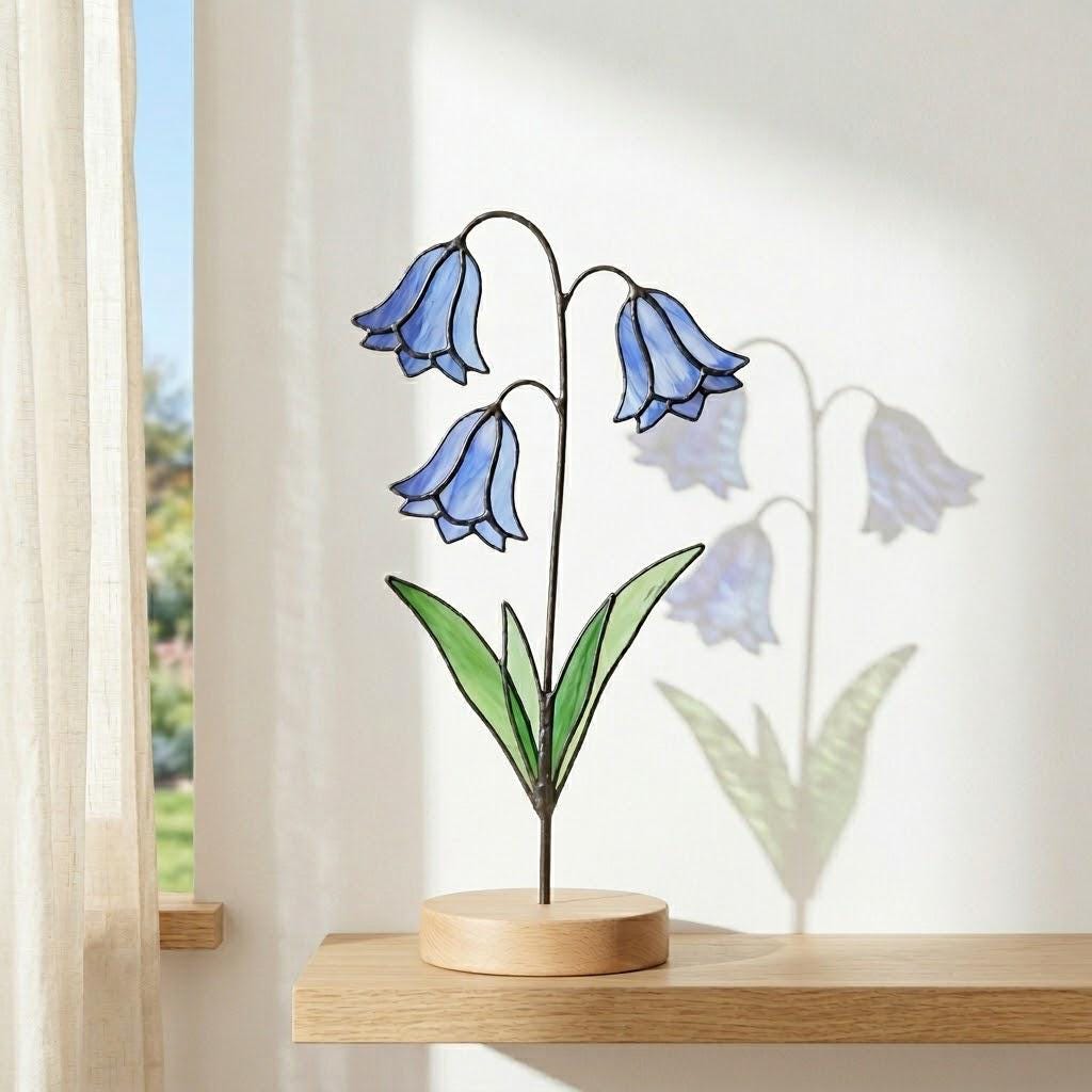 April Birth Flower Bluebell Stained Glass | Personalized Mother's Day Gift | Custom Engraved Wood Base | Botanical Spring Wildflower Decor