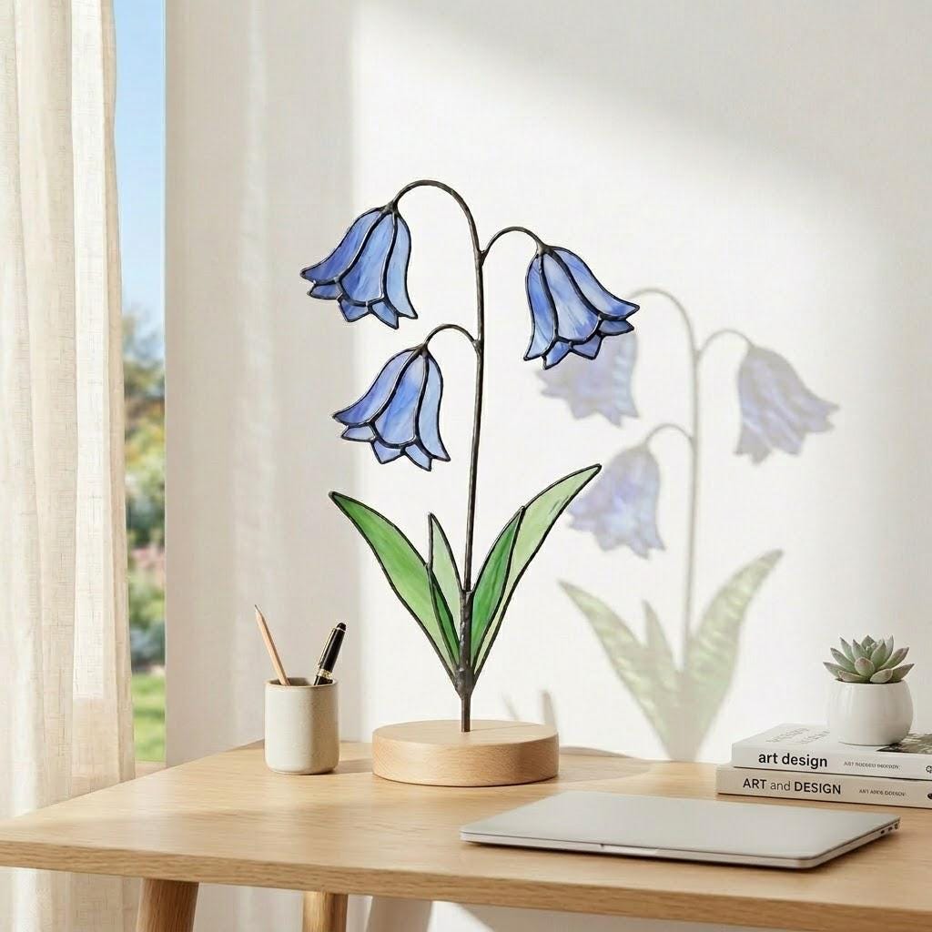 April Birth Flower Bluebell Stained Glass | Personalized Mother's Day Gift | Custom Engraved Wood Base | Botanical Spring Wildflower Decor