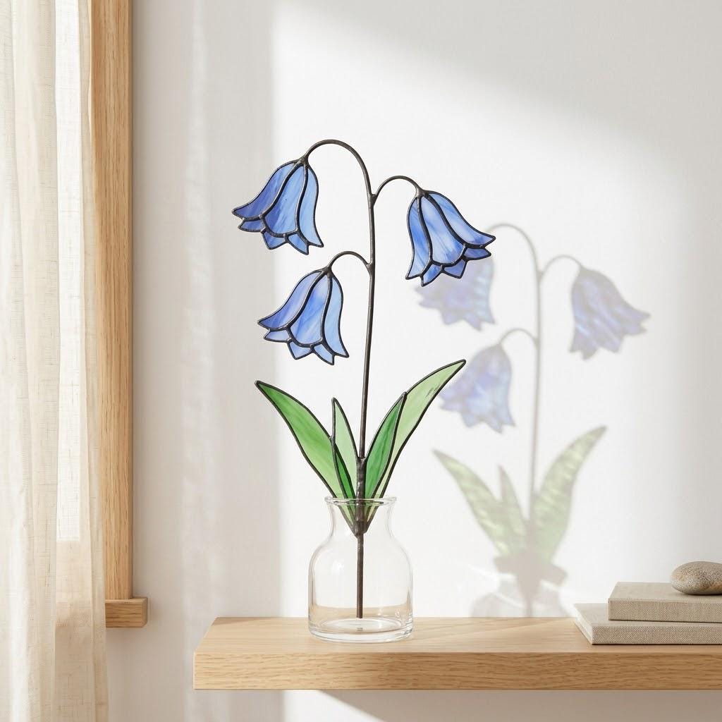 April Birth Flower Bluebell Stained Glass | Personalized Mother's Day Gift | Custom Engraved Wood Base | Botanical Spring Wildflower Decor