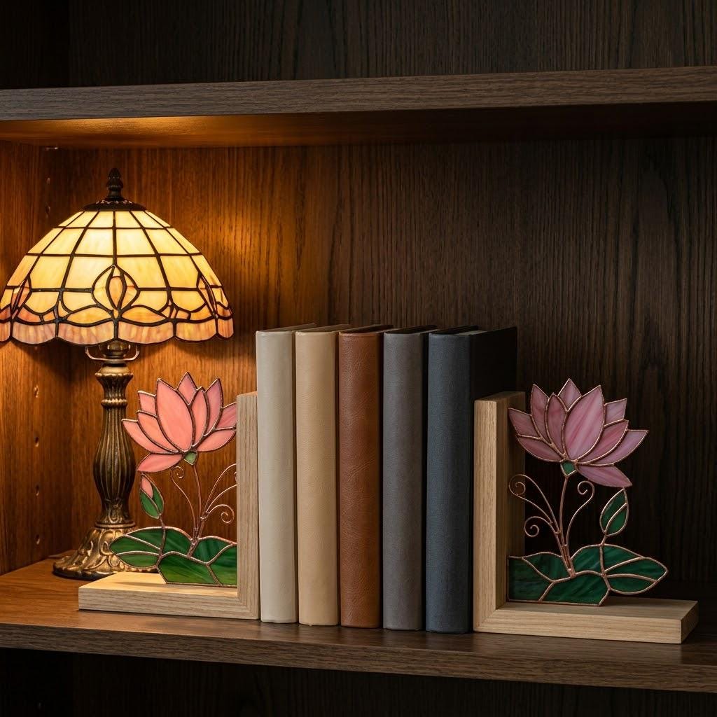 Lotus Stained Glass Bookends, Natural Wood Base July Birth Flower Gift Pink Water Lily Suncatcher, Zen Yoga Decor, Unique Birthday Gift