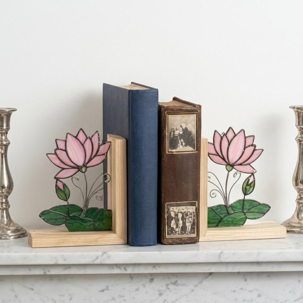 Lotus Stained Glass Bookends, Natural Wood Base July Birth Flower Gift Pink Water Lily Suncatcher, Zen Yoga Decor, Unique Birthday Gift