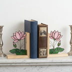 Lotus Stained Glass Bookends, Natural Wood Base July Birth Flower Gift Pink Water Lily Suncatcher, Zen Yoga Decor, Unique Birthday Gift