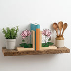 Lotus Stained Glass Bookends, Natural Wood Base July Birth Flower Gift Pink Water Lily Suncatcher, Zen Yoga Decor, Unique Birthday Gift