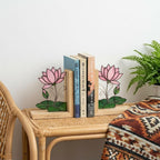 Lotus Stained Glass Bookends, Natural Wood Base July Birth Flower Gift Pink Water Lily Suncatcher, Zen Yoga Decor, Unique Birthday Gift