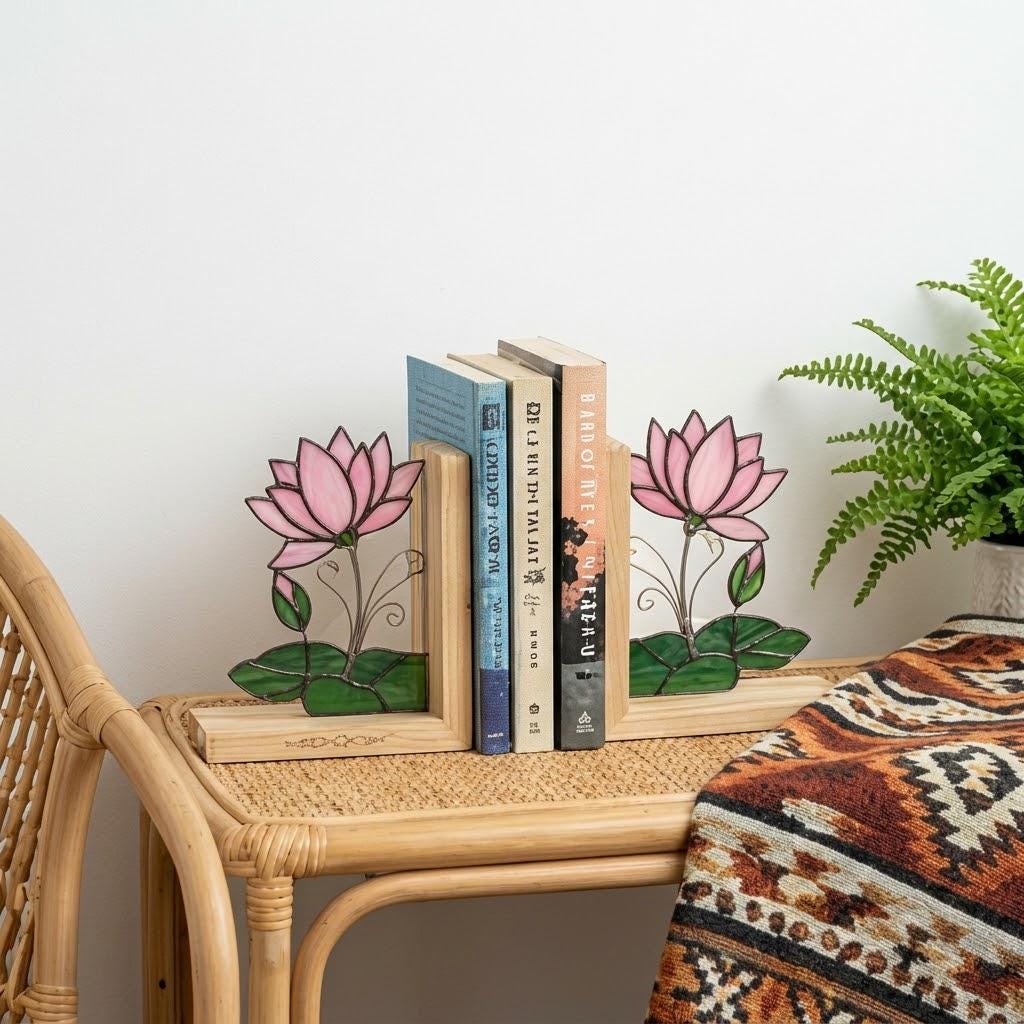 Lotus Stained Glass Bookends, Natural Wood Base July Birth Flower Gift Pink Water Lily Suncatcher, Zen Yoga Decor, Unique Birthday Gift