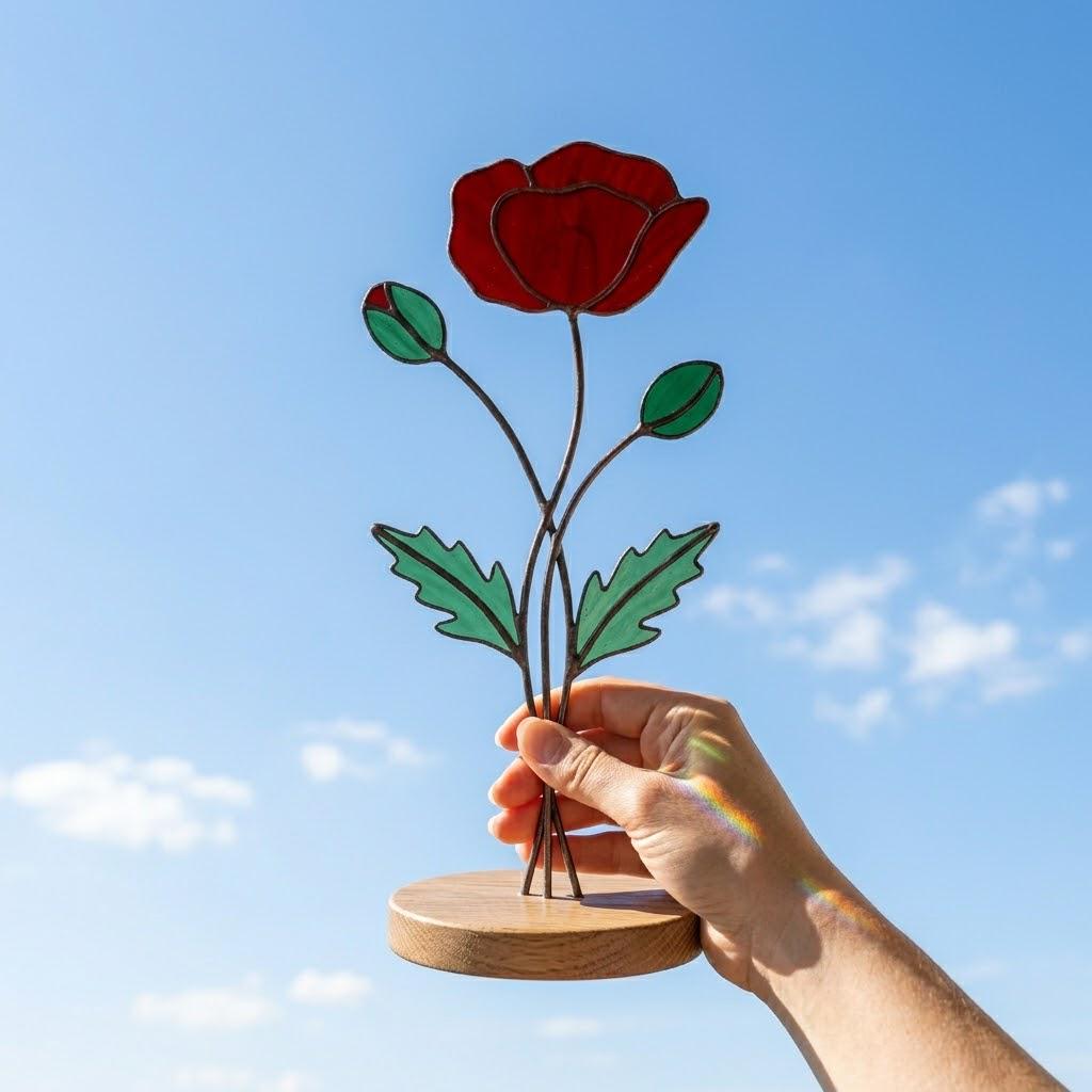 August Birth Flower Red Poppy Stained Glass Personalized Mother's Day Gift Custom Engraved Wood Base Remembrance Floral Window Decor.