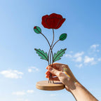 August Birth Flower Red Poppy Stained Glass Personalized Mother's Day Gift Custom Engraved Wood Base Remembrance Floral Window Decor.