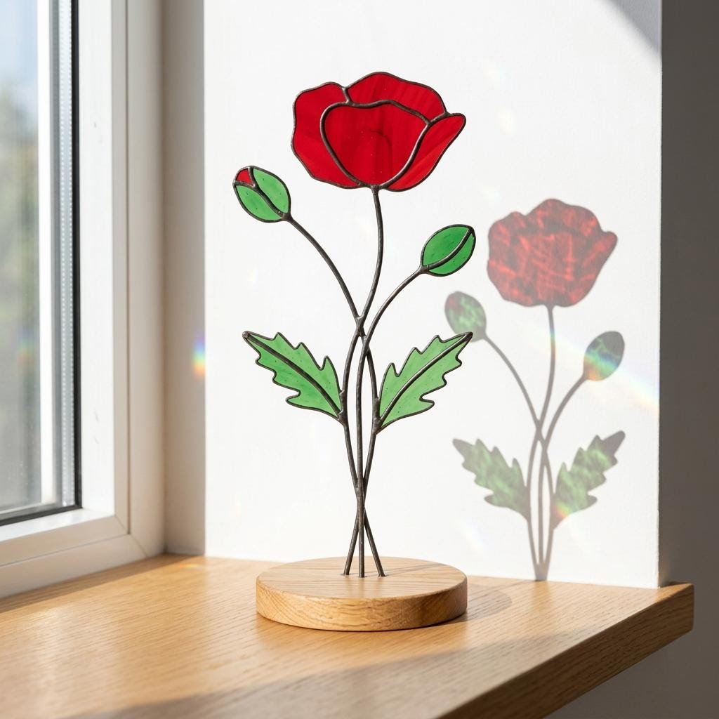 August Birth Flower Red Poppy Stained Glass Personalized Mother's Day Gift Custom Engraved Wood Base Remembrance Floral Window Decor.