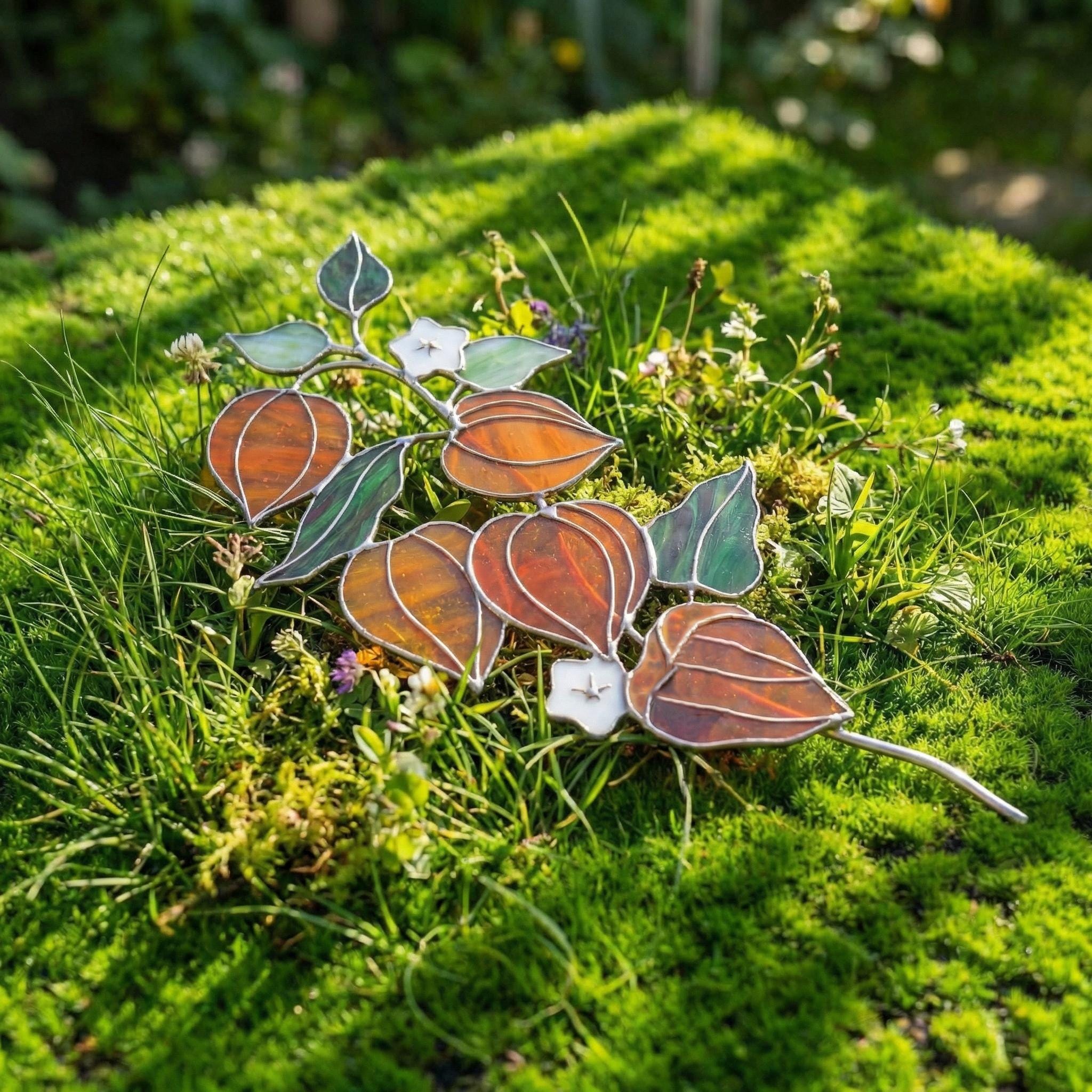 Stained Glass Physalis Plant Sculpture, Chinese Lantern Suncatcher Fall Autumn Home Decor Unique Housewarming Gift, Botanical Table Art