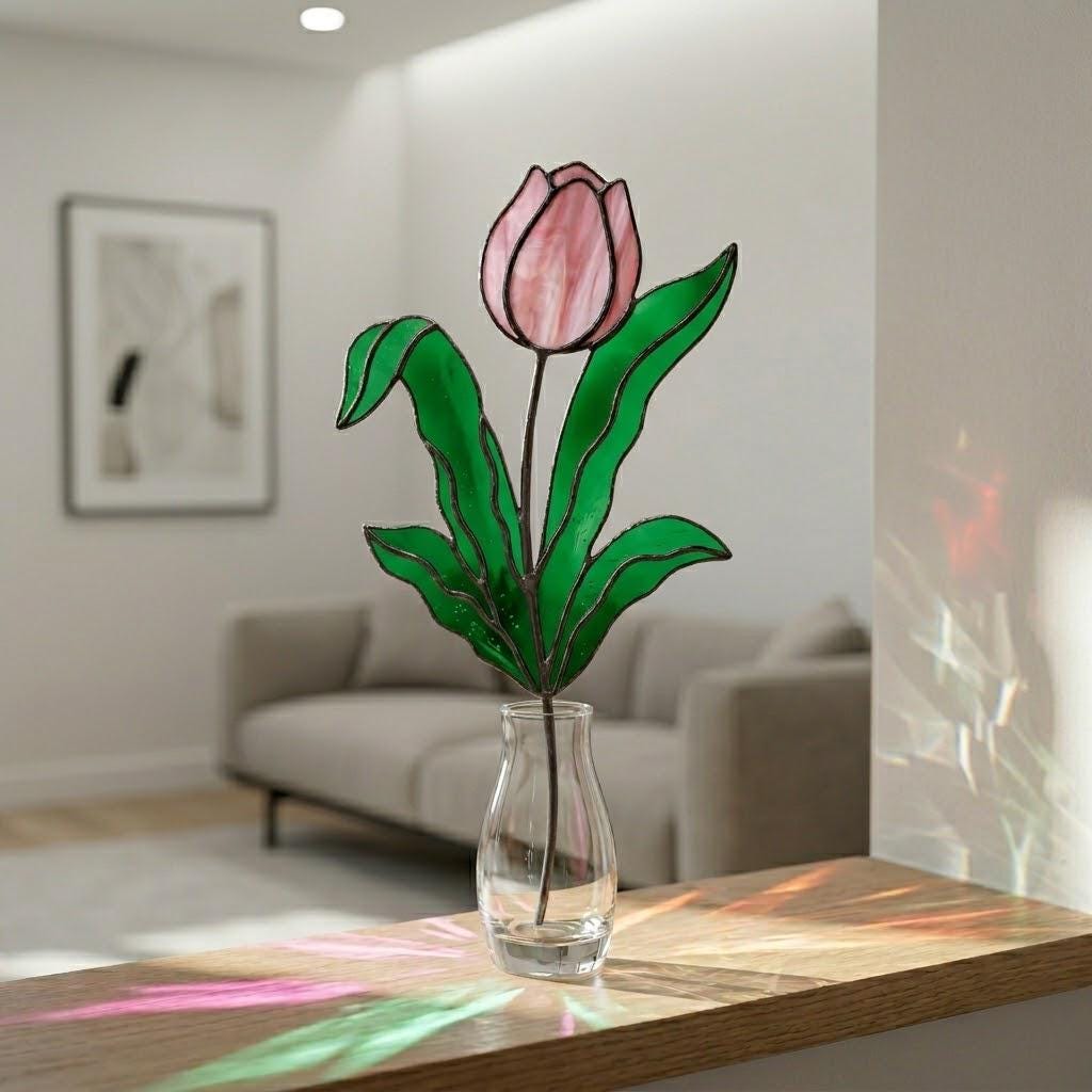 April Birth Flower Tulip Stained Glass Personalized Mother's Day Gift Custom Engraved Wood Base Botanical Spring Wildflower Art Decor