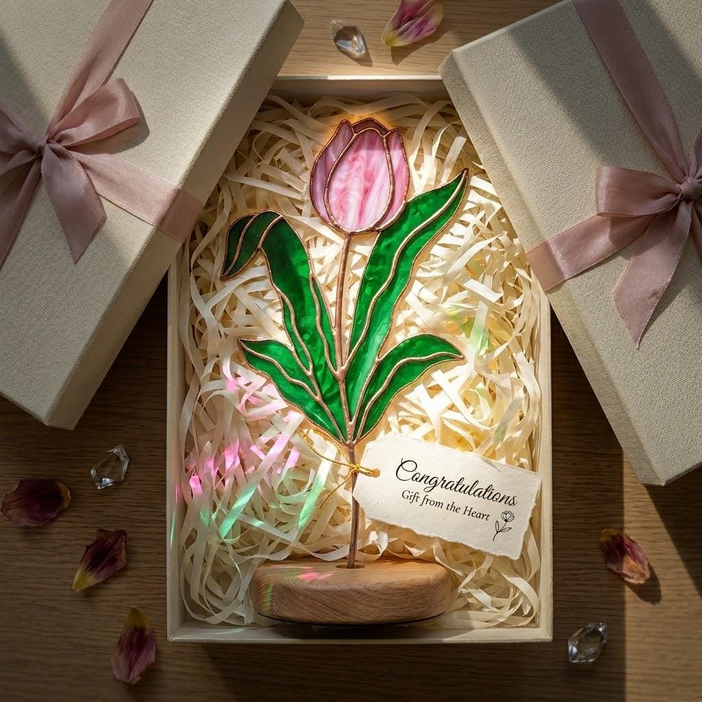 April Birth Flower Tulip Stained Glass Personalized Mother's Day Gift Custom Engraved Wood Base Botanical Spring Wildflower Art Decor