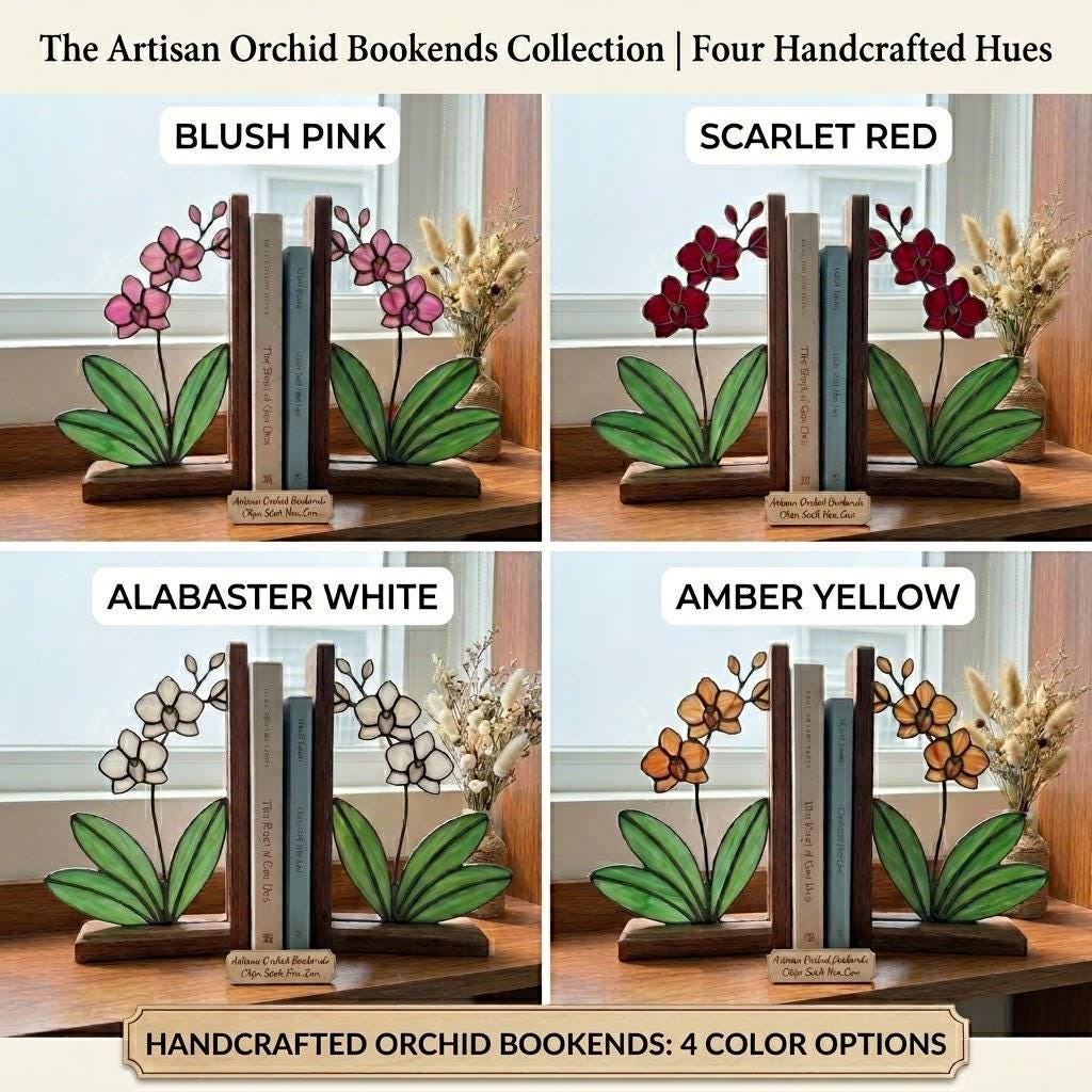 Personalized Orchid Stained Glass Bookends, Solid Walnut Base Unique Mother's Day Gift Luxury Floral Suncatcher, Home Office Library Decor