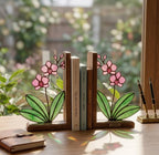 Personalized Orchid Stained Glass Bookends, Solid Walnut Base Unique Mother's Day Gift Luxury Floral Suncatcher, Home Office Library Decor