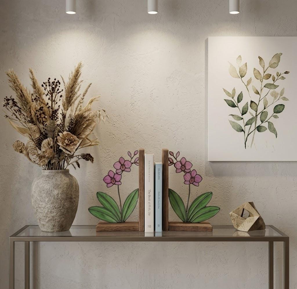 Personalized Orchid Stained Glass Bookends, Solid Walnut Base Unique Mother's Day Gift Luxury Floral Suncatcher, Home Office Library Decor