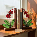 Personalized Orchid Stained Glass Bookends, Solid Walnut Base Unique Mother's Day Gift Luxury Floral Suncatcher, Home Office Library Decor