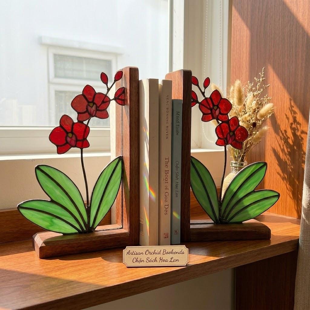 Personalized Orchid Stained Glass Bookends, Solid Walnut Base Unique Mother's Day Gift Luxury Floral Suncatcher, Home Office Library Decor