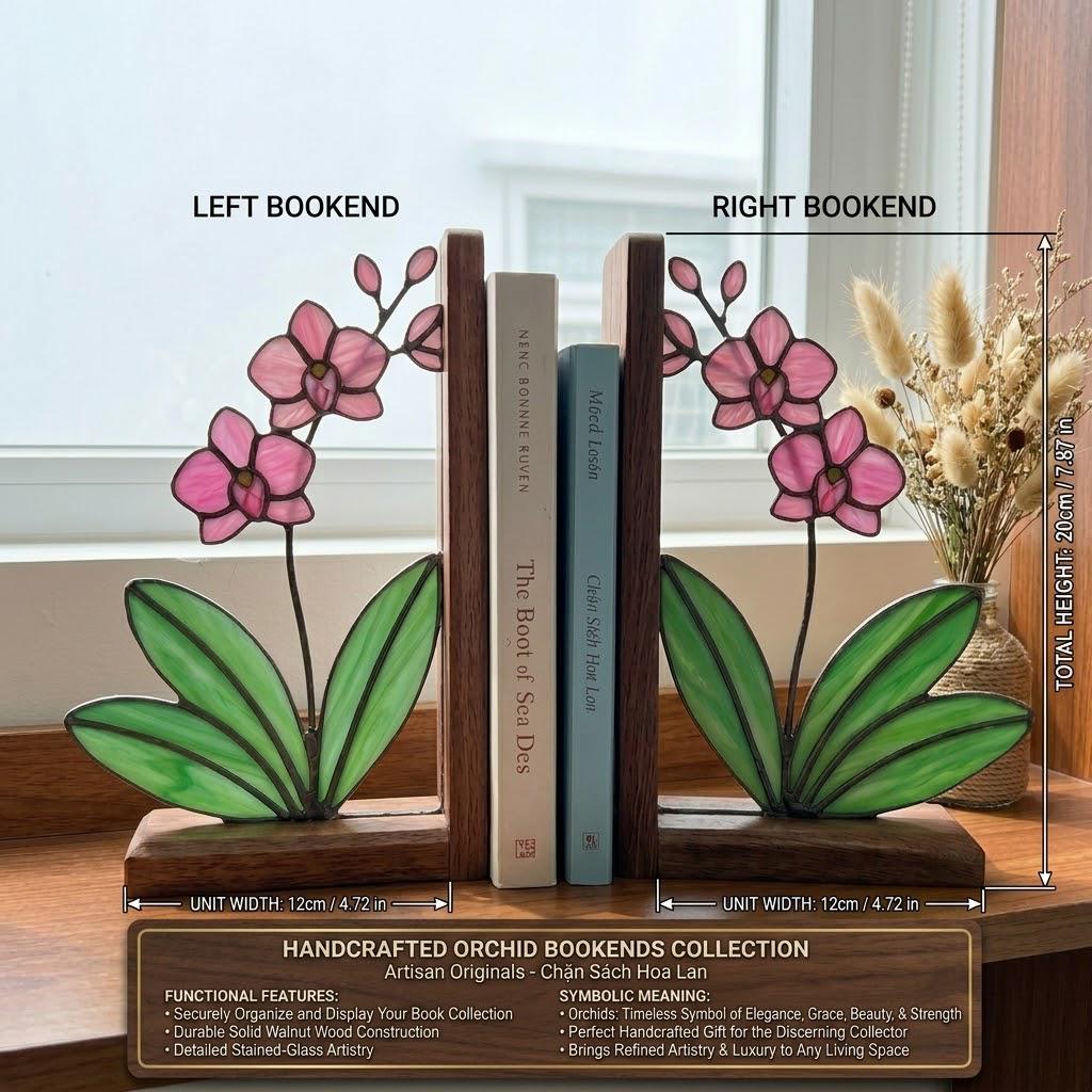 Personalized Orchid Stained Glass Bookends, Solid Walnut Base Unique Mother's Day Gift Luxury Floral Suncatcher, Home Office Library Decor