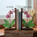 Personalized Orchid Stained Glass Bookends, Solid Walnut Base Unique Mother's Day Gift Luxury Floral Suncatcher, Home Office Library Decor