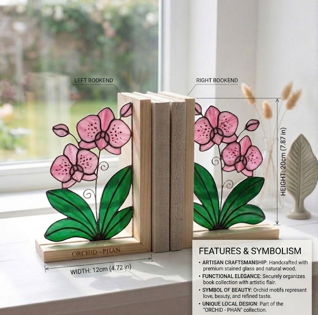 Personalized Stained Glass Orchid Bookends, Natural Wood Base | Custom Engraved Flower Gift | Orchid Suncatcher, Home Library Decor