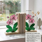 Personalized Stained Glass Orchid Bookends, Natural Wood Base | Custom Engraved Flower Gift | Orchid Suncatcher, Home Library Decor