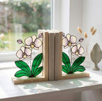 Personalized Stained Glass Orchid Bookends, Natural Wood Base | Custom Engraved Flower Gift | Orchid Suncatcher, Home Library Decor