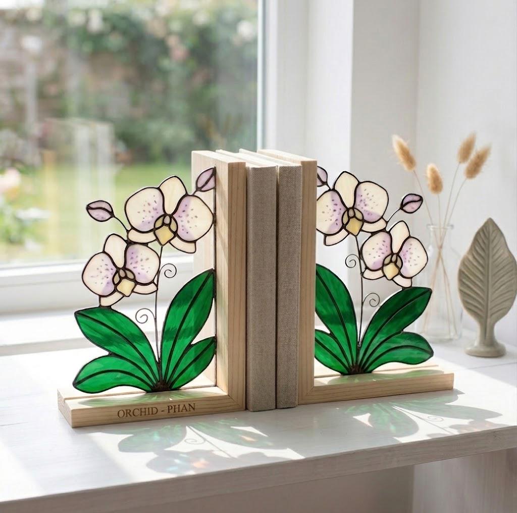 Personalized Stained Glass Orchid Bookends, Natural Wood Base | Custom Engraved Flower Gift | Orchid Suncatcher, Home Library Decor