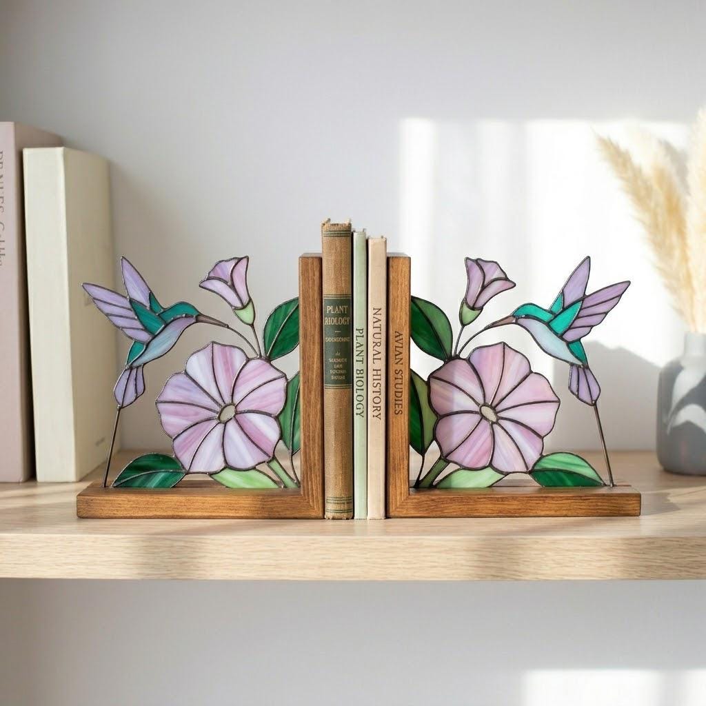Hummingbird Stained Glass Bookends, Solid Wood Base September Birth Flower Gift Morning Glory Suncatcher, Unique Bird Lover Gift for Her