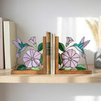 Hummingbird Stained Glass Bookends, Solid Wood Base September Birth Flower Gift Morning Glory Suncatcher, Unique Bird Lover Gift for Her