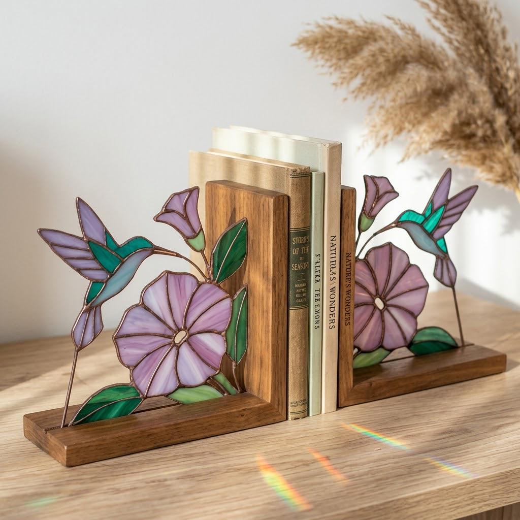Hummingbird Stained Glass Bookends, Solid Wood Base September Birth Flower Gift Morning Glory Suncatcher, Unique Bird Lover Gift for Her
