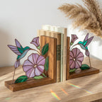 Hummingbird Stained Glass Bookends, Solid Wood Base September Birth Flower Gift Morning Glory Suncatcher, Unique Bird Lover Gift for Her