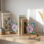 Hummingbird Stained Glass Bookends, Solid Wood Base September Birth Flower Gift Morning Glory Suncatcher, Unique Bird Lover Gift for Her