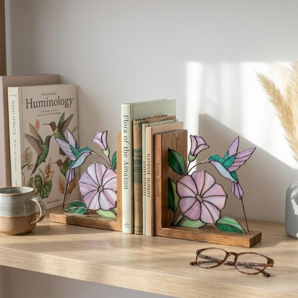 Hummingbird Stained Glass Bookends, Solid Wood Base September Birth Flower Gift Morning Glory Suncatcher, Unique Bird Lover Gift for Her