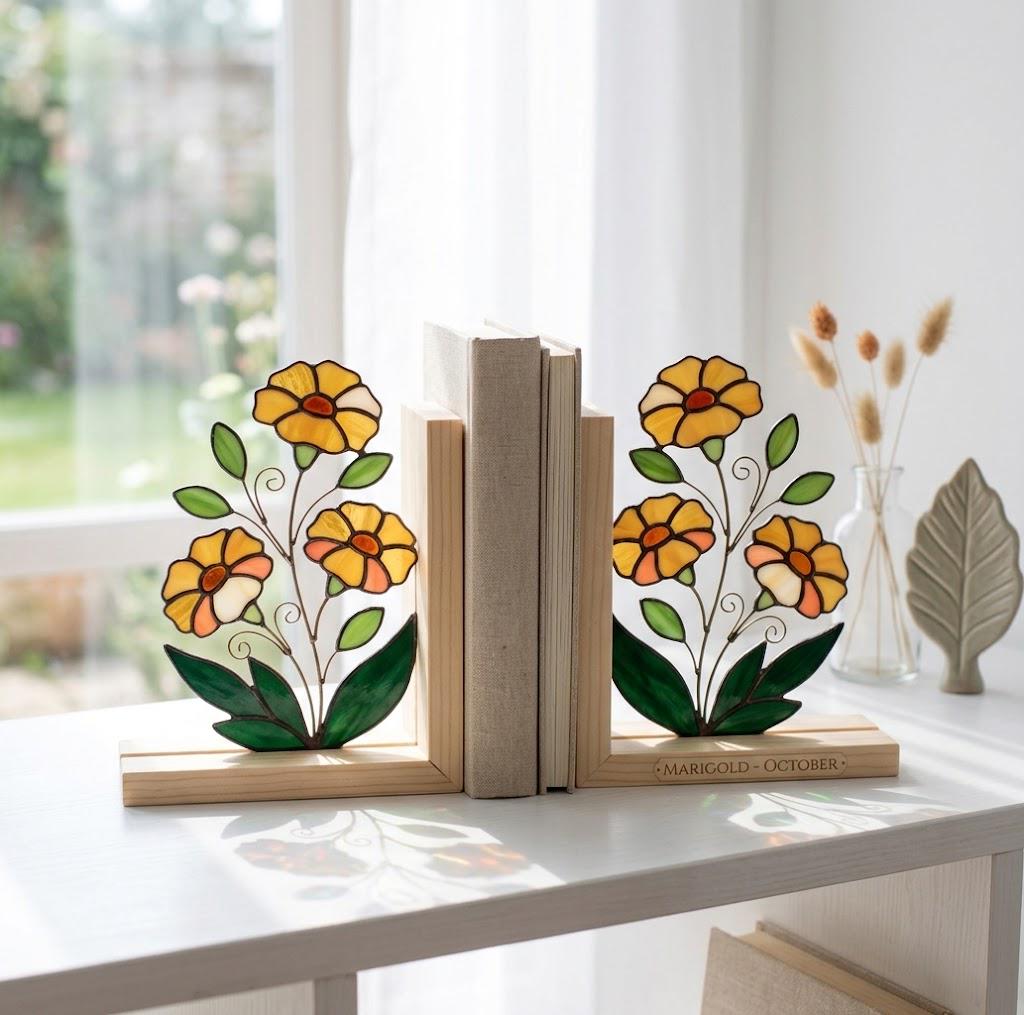 Personalized Marigold Stained Glass Bookends October Birth Flower Gift Handmade Yellow Floral Suncatcher, Unique Teacher Appreciation Gift