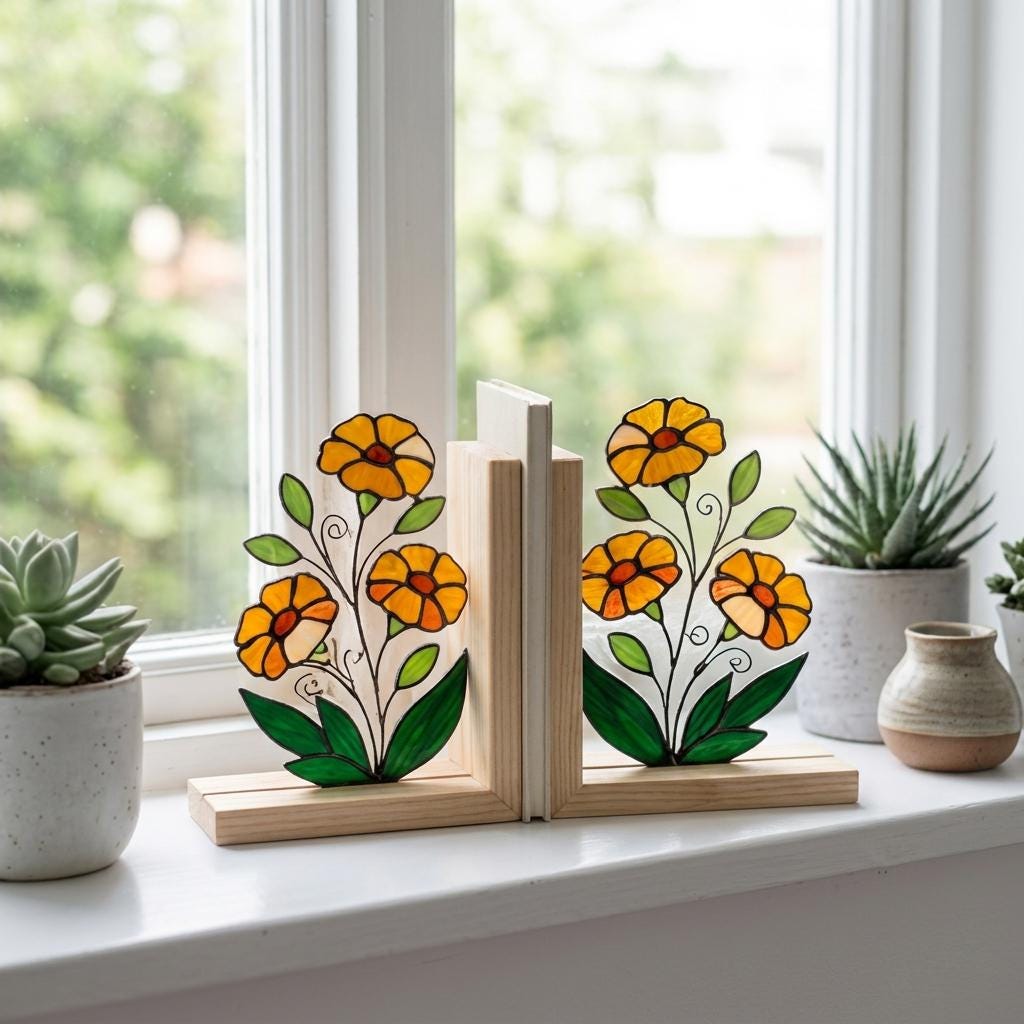 Personalized Marigold Stained Glass Bookends October Birth Flower Gift Handmade Yellow Floral Suncatcher, Unique Teacher Appreciation Gift