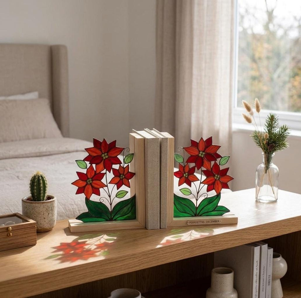 Personalized Poinsettia Stained Glass Bookends December Birth Flower Gift Red Floral Suncatcher, Graduation Gift, Unique Christmas Decor