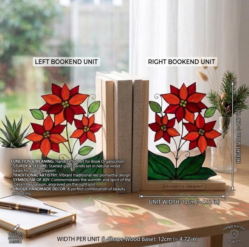 Personalized Poinsettia Stained Glass Bookends December Birth Flower Gift Red Floral Suncatcher, Graduation Gift, Unique Christmas Decor