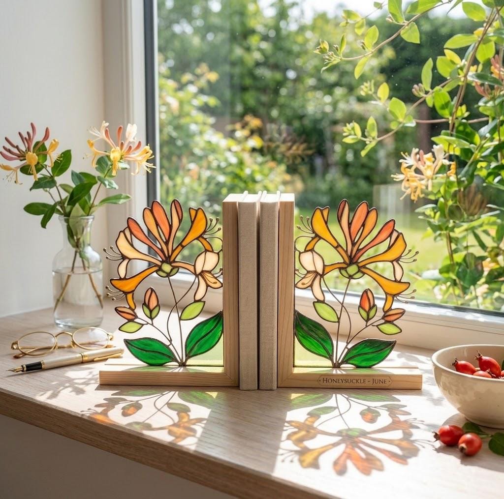 Personalized Honeysuckle Stained Glass Bookends June Birth Flower Gift Orange Floral Suncatcher, Unique Wedding Gift, Library Home Decor