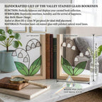 Lily of the Valley Stained Glass Bookends, Natural Wood Base May Birth Flower Gift White Floral Suncatcher, Unique Wedding Gift for Her
