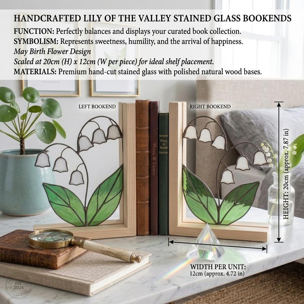 Lily of the Valley Stained Glass Bookends, Natural Wood Base May Birth Flower Gift White Floral Suncatcher, Unique Wedding Gift for Her