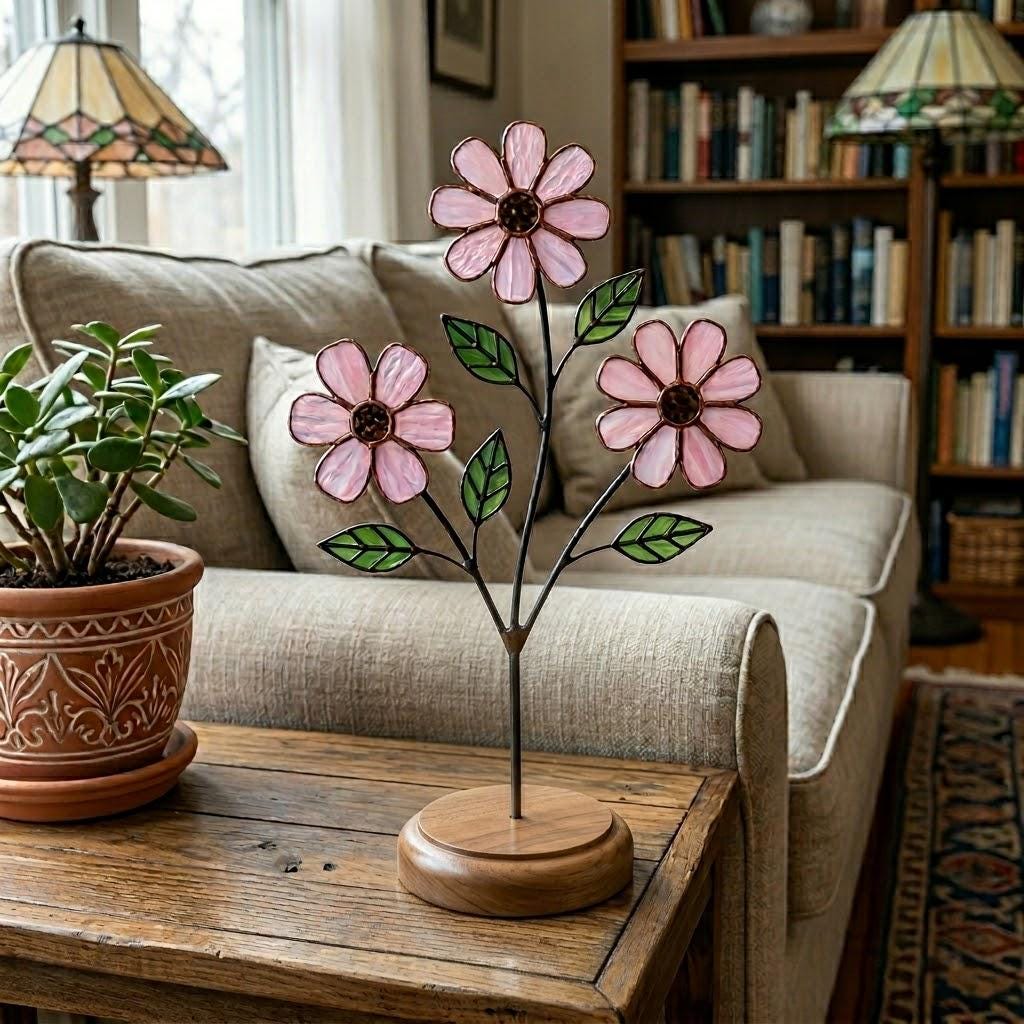 Handcrafted pink cosmos stained glass flower tree standing on a custom personalized engraved wooden base casting colored shadows, perfect October birth flower or Mother's Day desk decor gift.