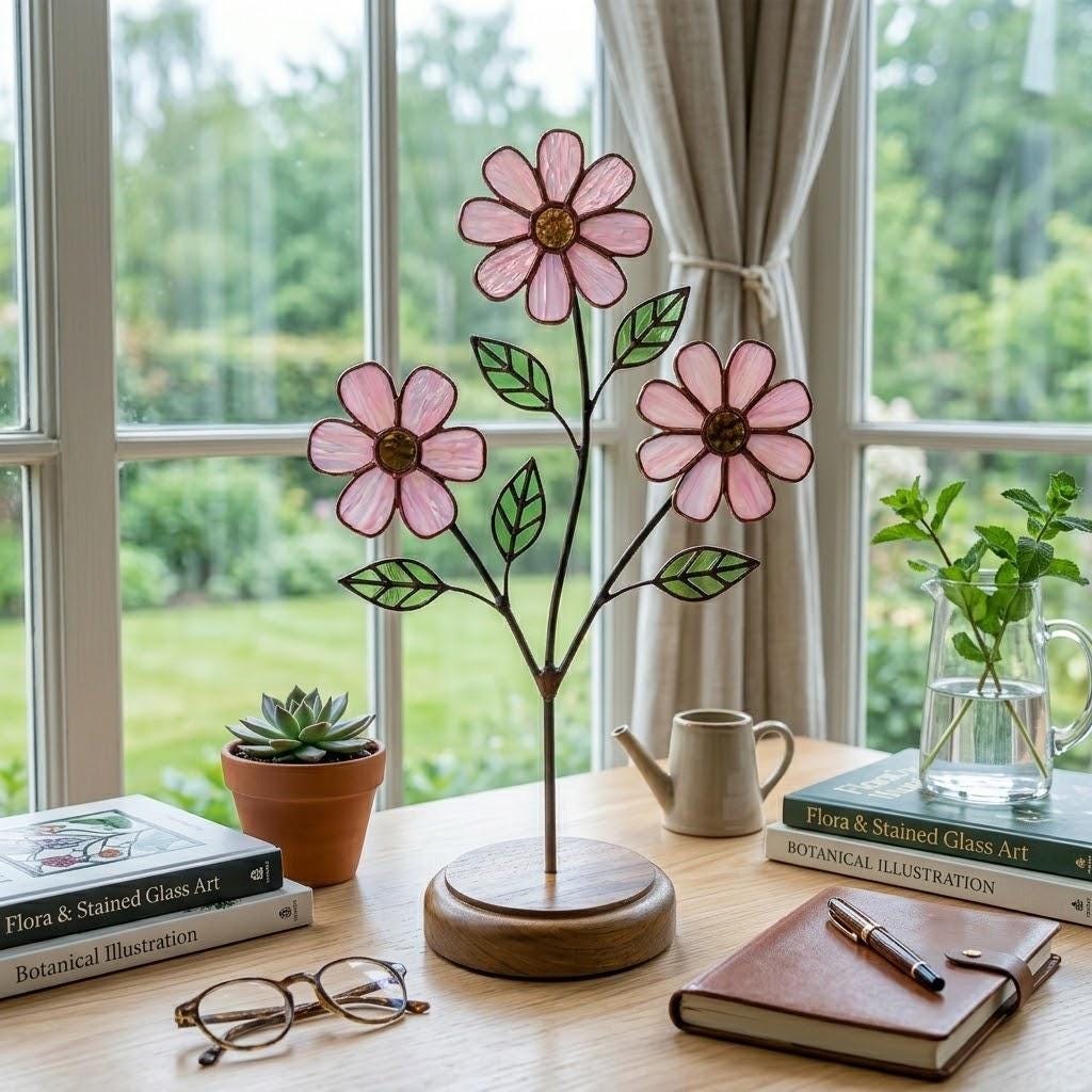 Handcrafted pink cosmos stained glass flower tree standing on a custom personalized engraved wooden base casting colored shadows, perfect October birth flower or Mother's Day desk decor gift.