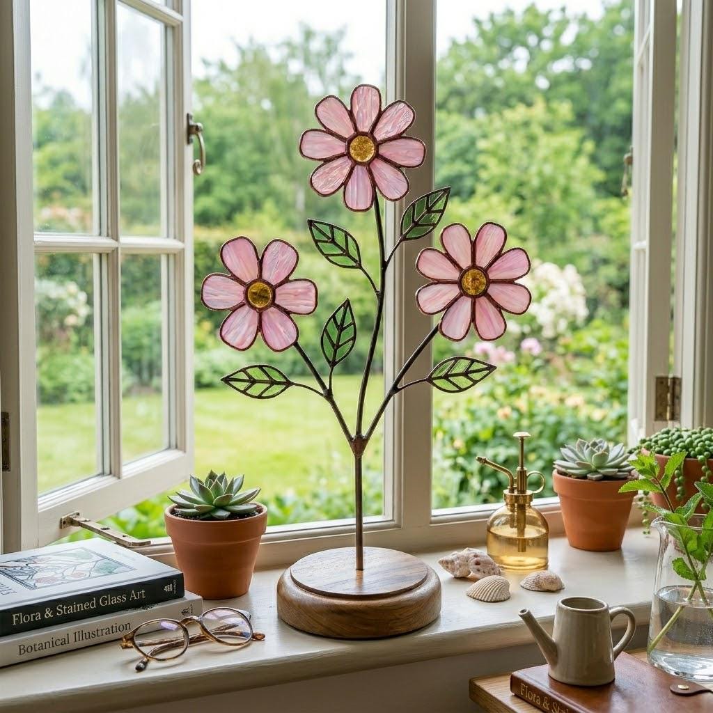 Handcrafted pink cosmos stained glass flower tree standing on a custom personalized engraved wooden base casting colored shadows, perfect October birth flower or Mother's Day desk decor gift.