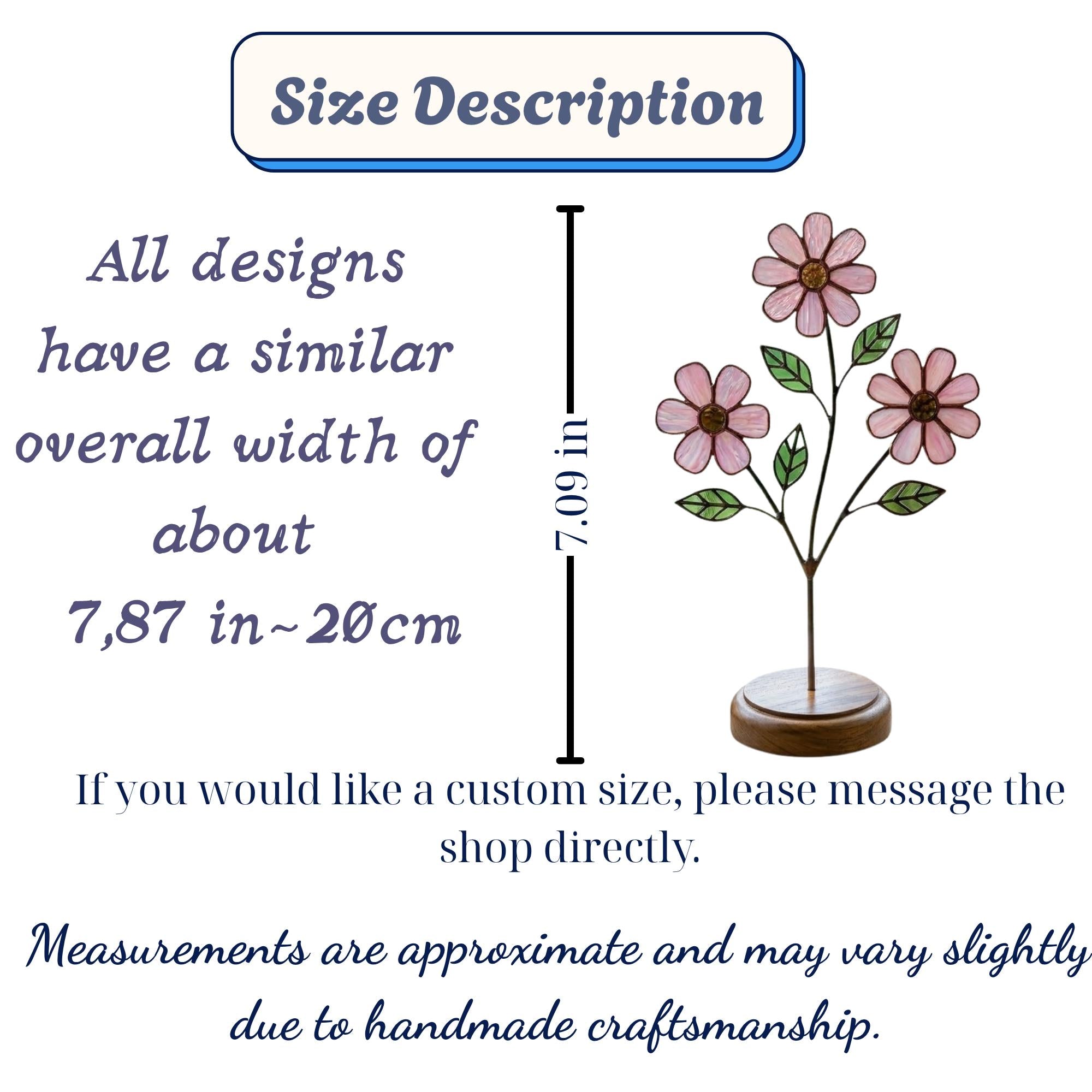 Handcrafted pink cosmos stained glass flower tree standing on a custom personalized engraved wooden base casting colored shadows, perfect October birth flower or Mother's Day desk decor gift.