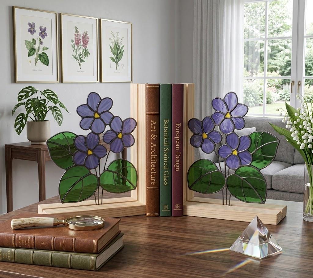 Personalized African Violet Stained Glass Bookends | February Birth Flower Gift | Purple Floral Suncatcher, Unique Teacher Gift