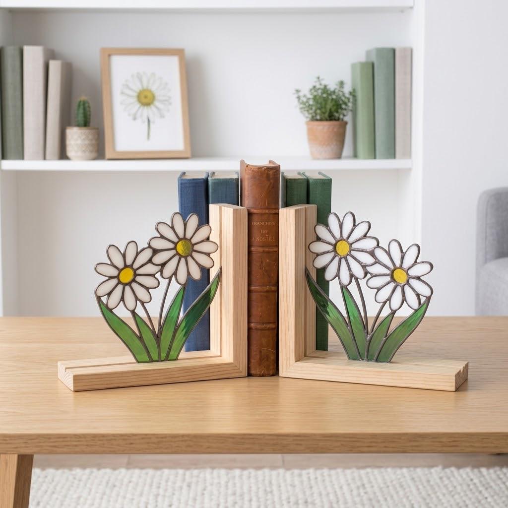 Daisy Stained Glass Bookends, Natural Pine Wood Base April Birth Flower Gift White Floral Suncatcher, Nursery Decor, Unique Teacher Gift