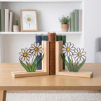 Daisy Stained Glass Bookends, Natural Pine Wood Base April Birth Flower Gift White Floral Suncatcher, Nursery Decor, Unique Teacher Gift