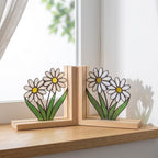 Daisy Stained Glass Bookends, Natural Pine Wood Base April Birth Flower Gift White Floral Suncatcher, Nursery Decor, Unique Teacher Gift