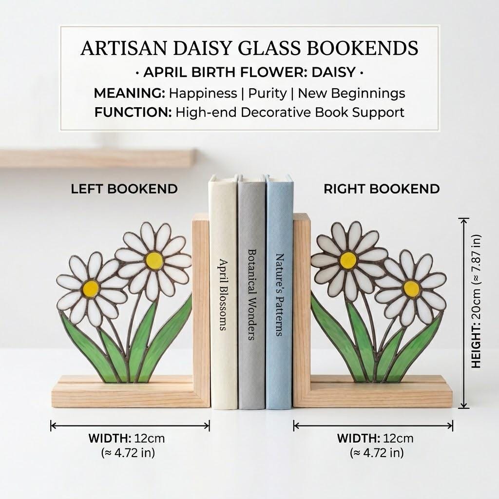 Daisy Stained Glass Bookends, Natural Pine Wood Base April Birth Flower Gift White Floral Suncatcher, Nursery Decor, Unique Teacher Gift